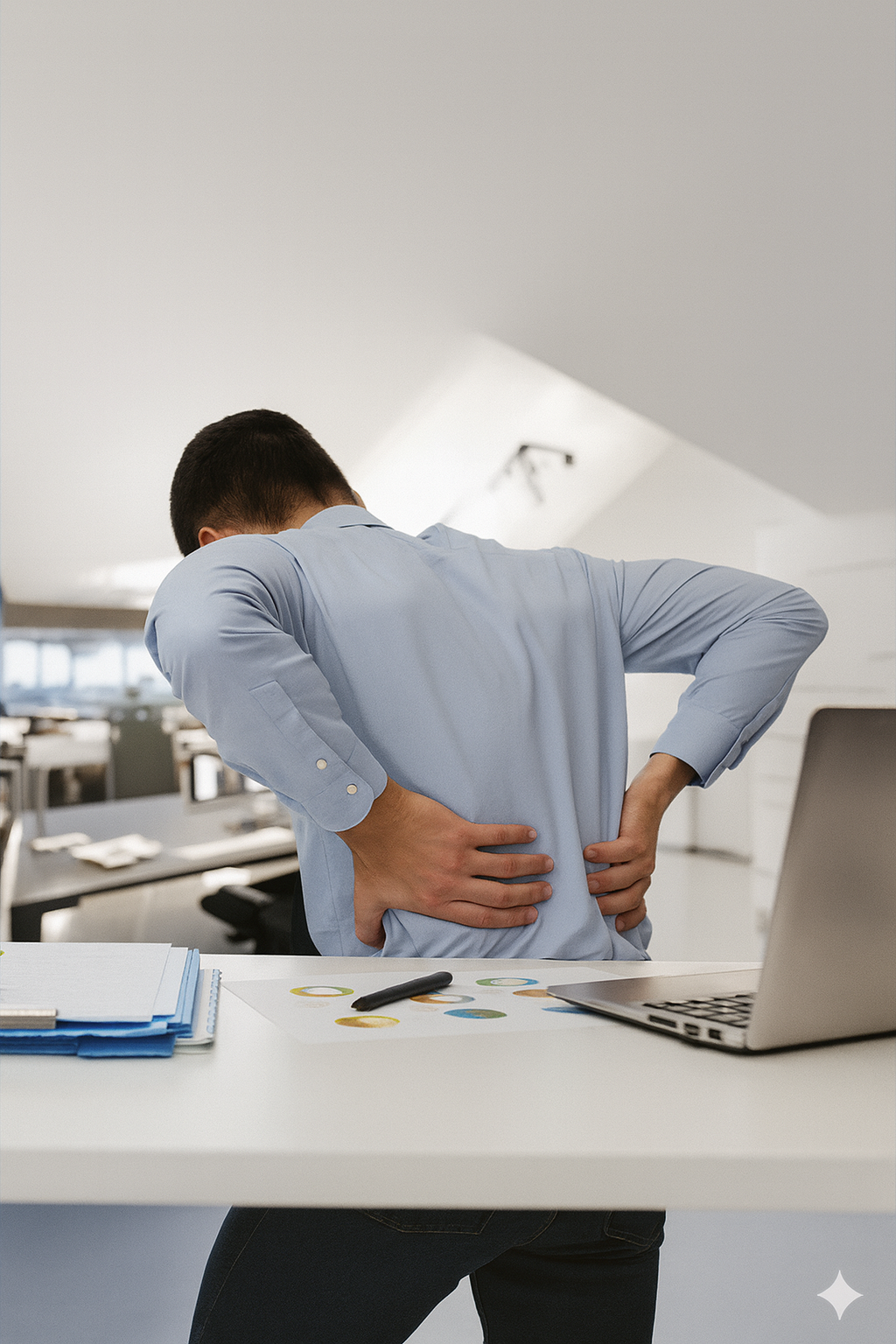 Terapeuta ocupacional profissional ajudando com postura ergonómica e adaptações no local de trabalho para prevenção de dores nas costas